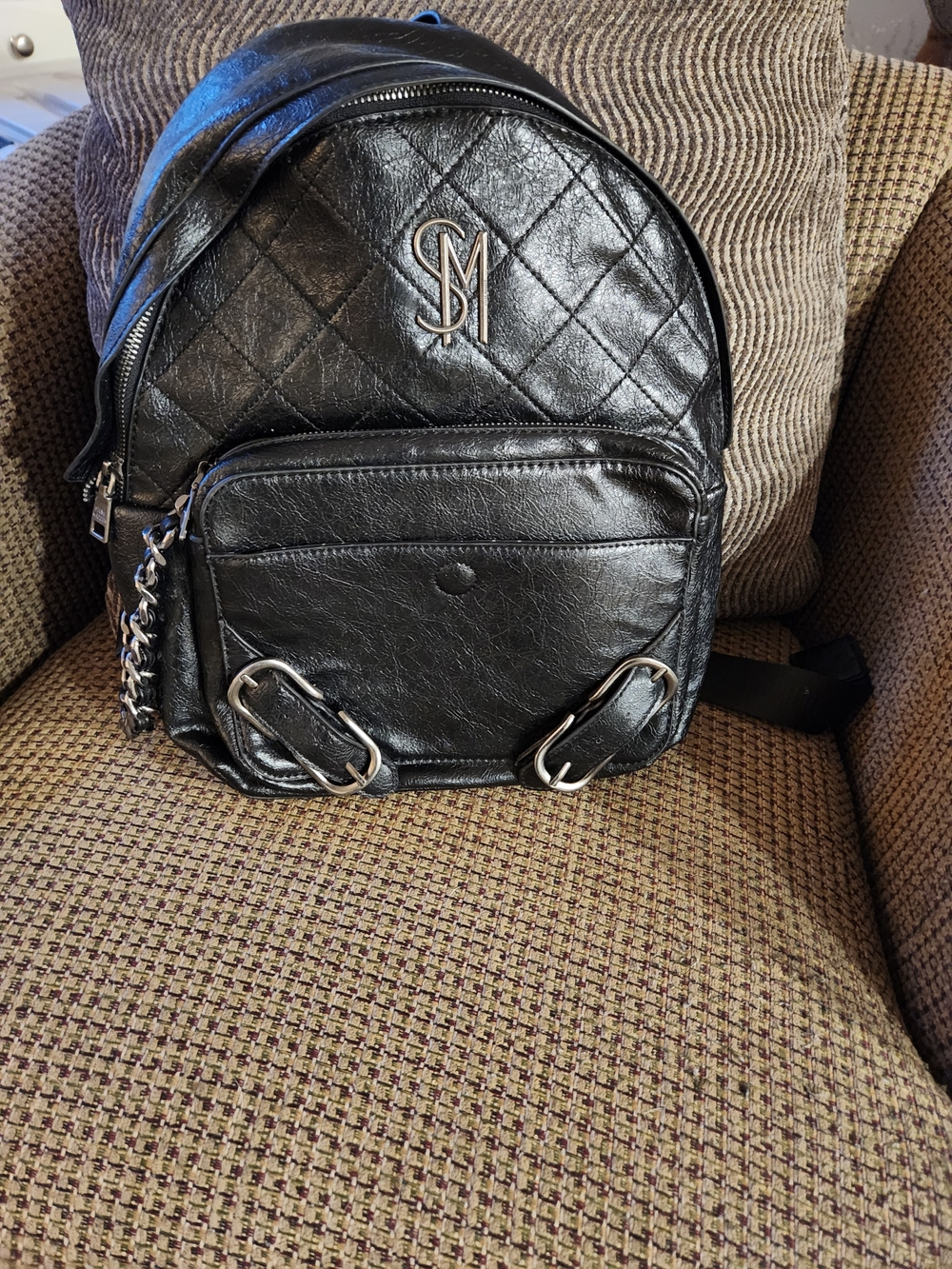 Steve Madden Quilted Black Leather Backpack with Silver Hardware